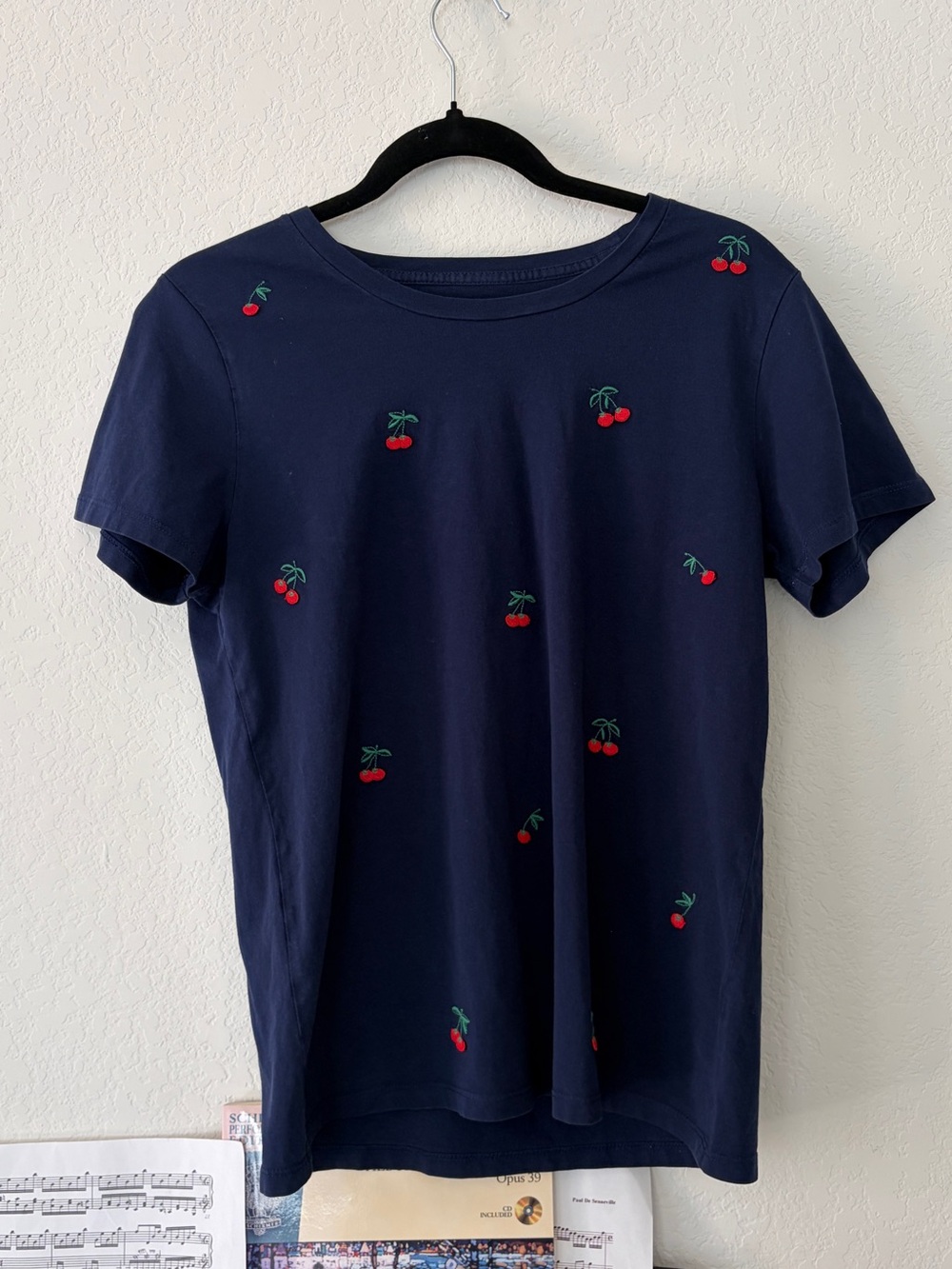 J.CREW Collector Tee Navy Embroidered Cherry Print T-Shirt M